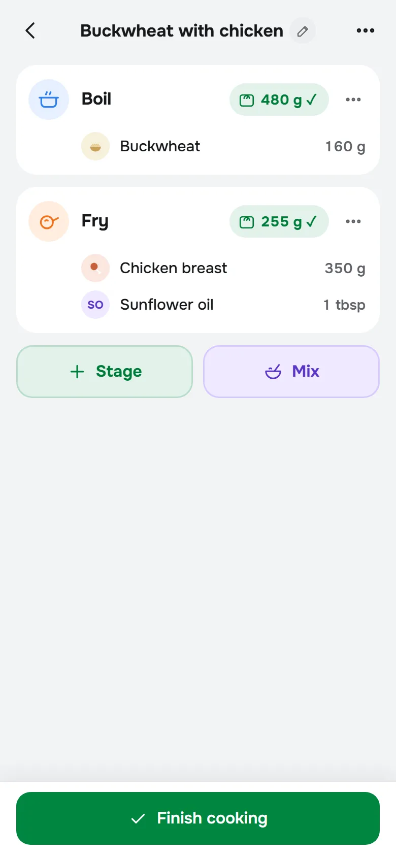 Recipe calculator: ingredients by stage and the weight after boiling and frying