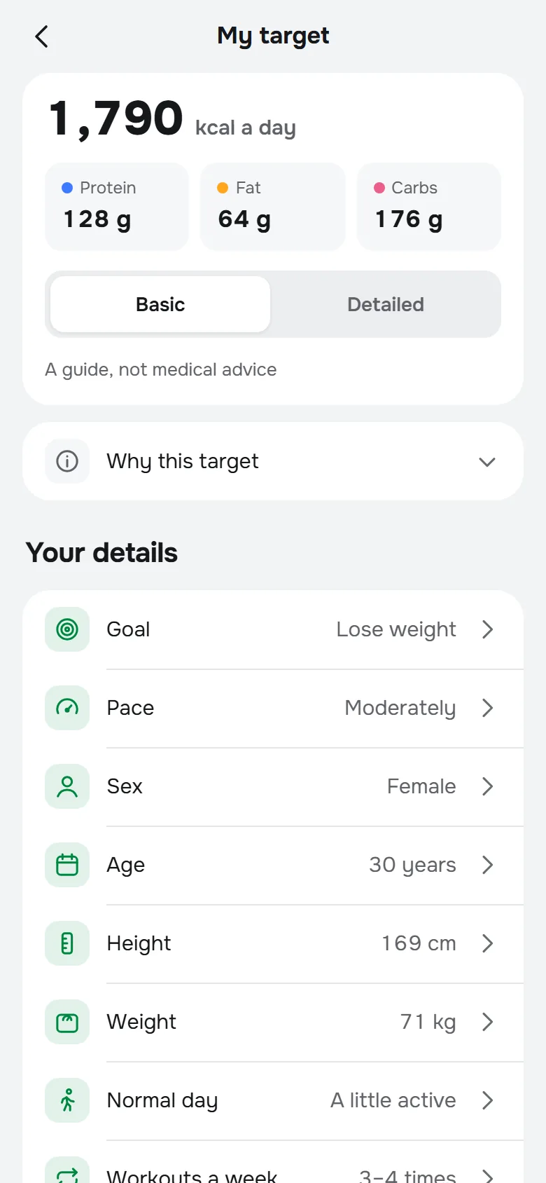 My target: 1,790 kcal, protein 128 g, fat 64 g, carbs 176 g