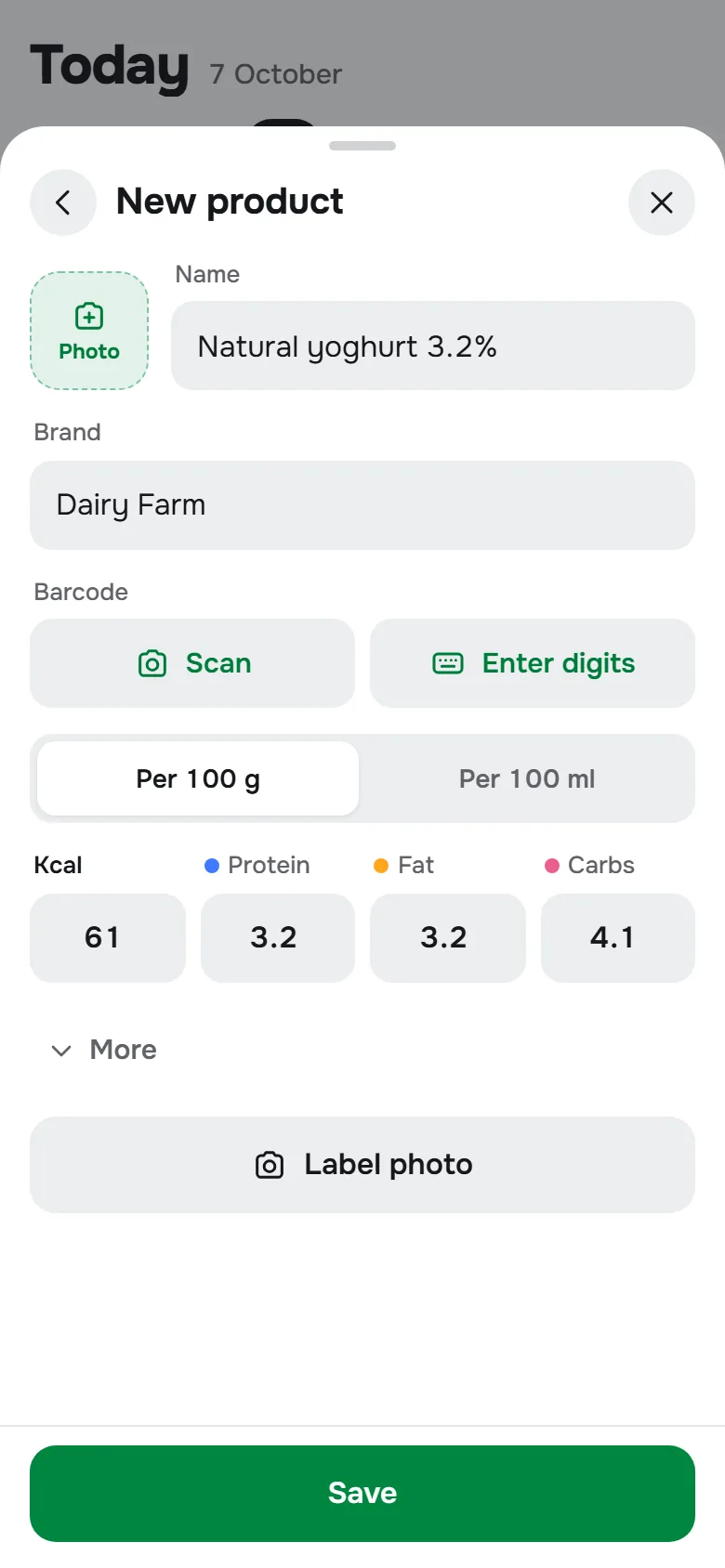 A new product: calories and macros from the label