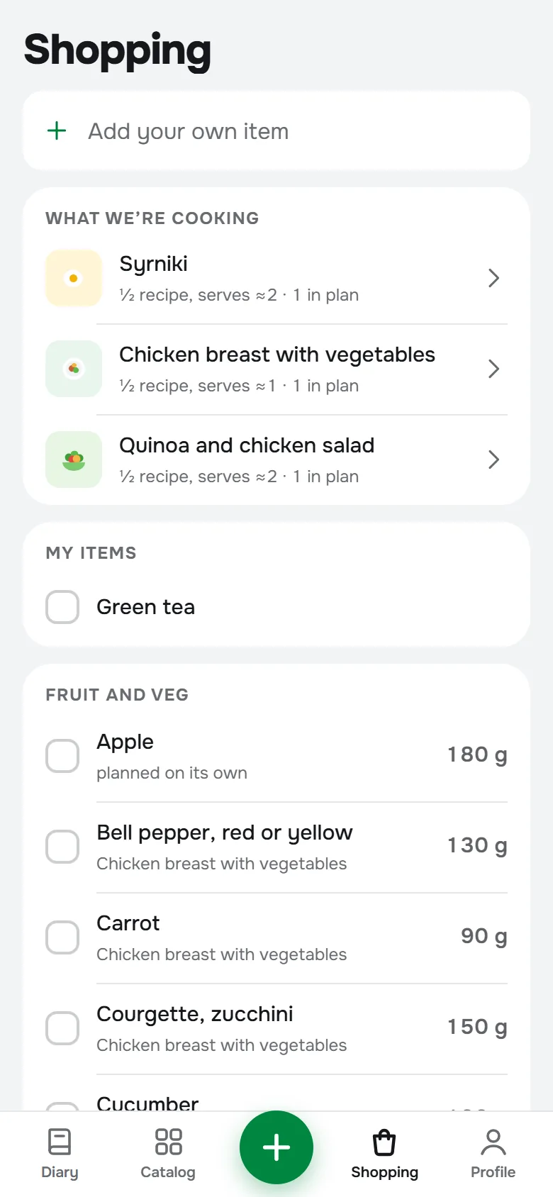 Shopping list built from the meal plan