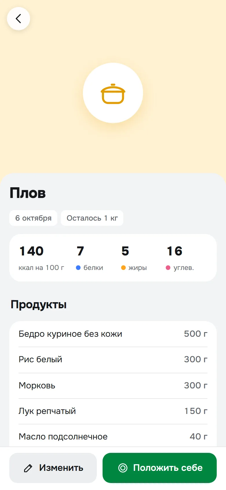 Карточка своего блюда: плов, калории на 100 г и порции