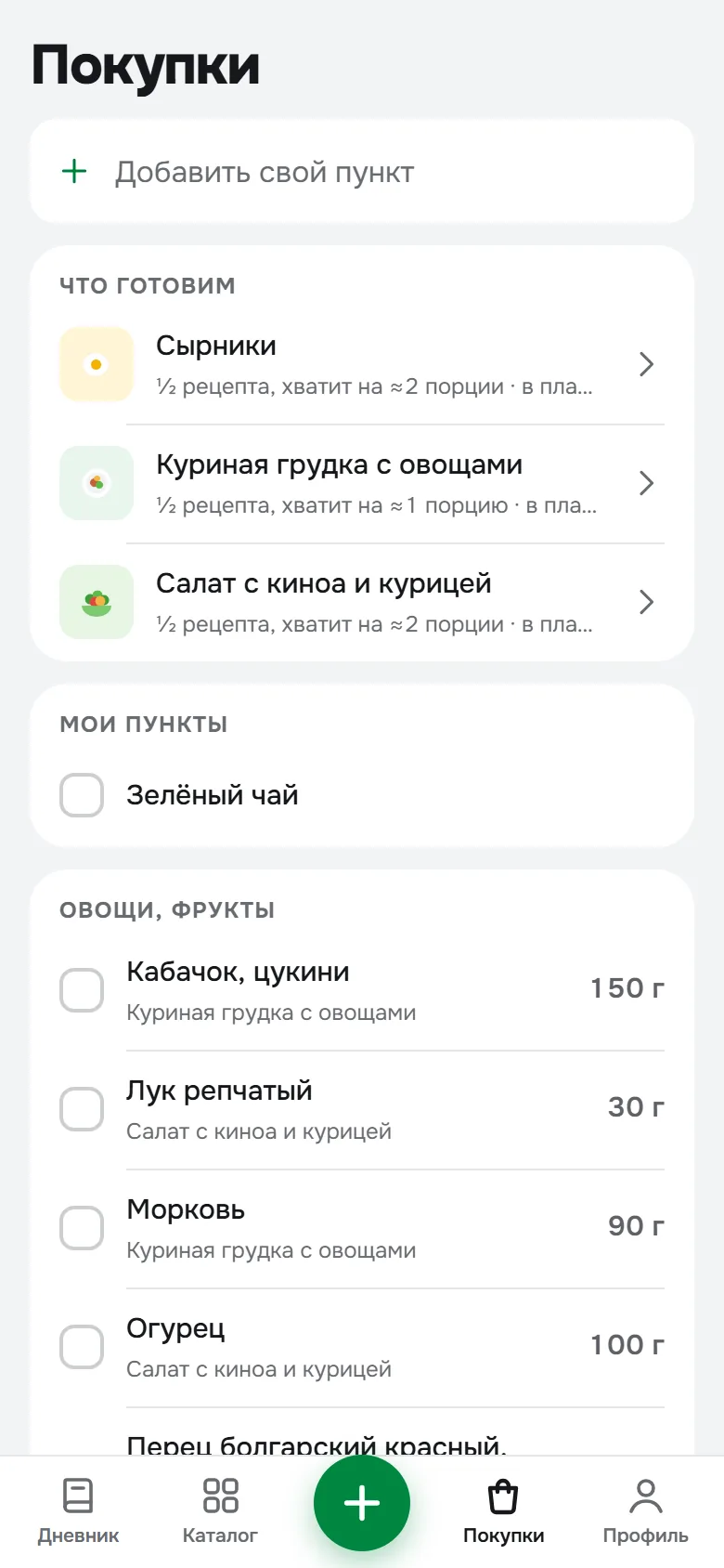 Список покупок, собранный из плана питания